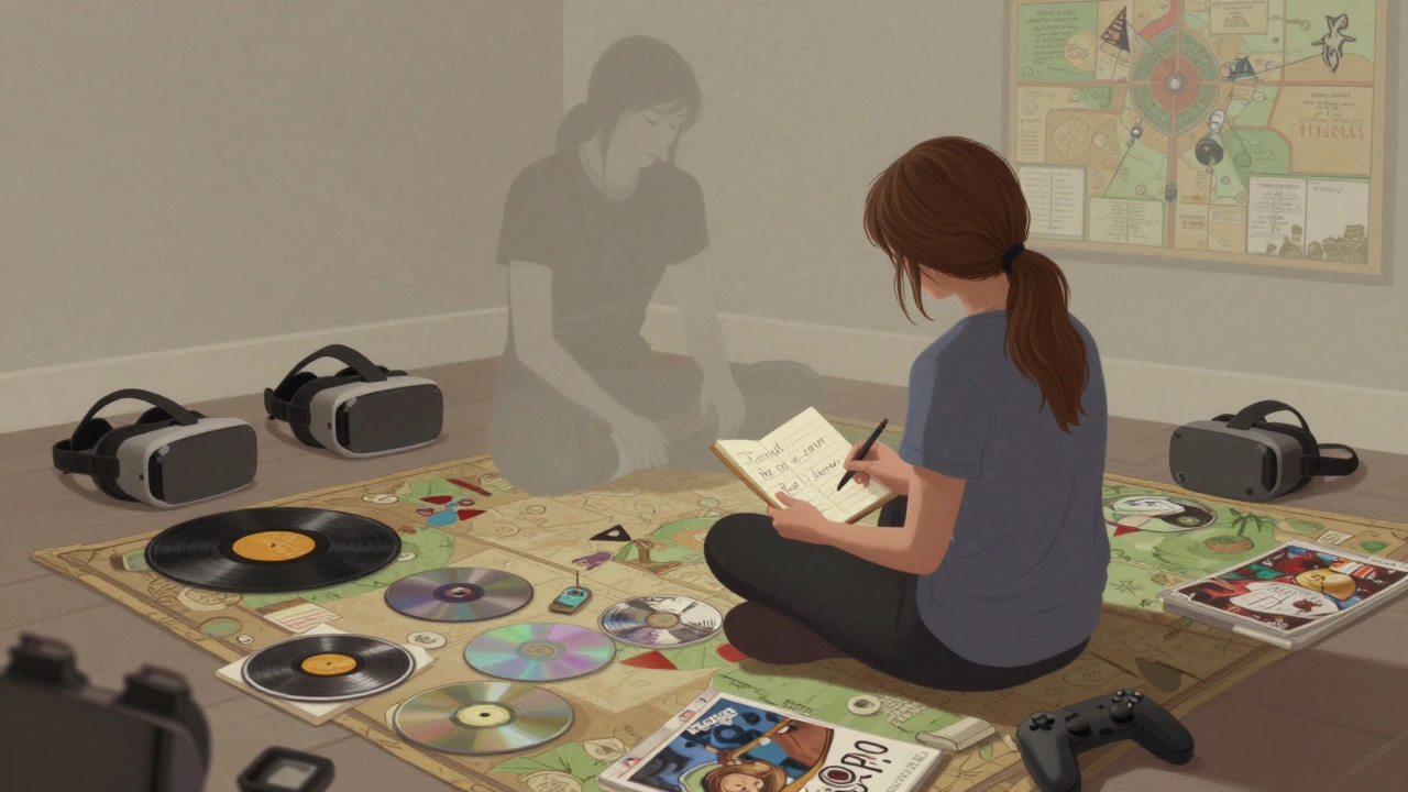 A person sitting among game collectibles, gazing at a journal entry as a ghostly future self sits behind them.