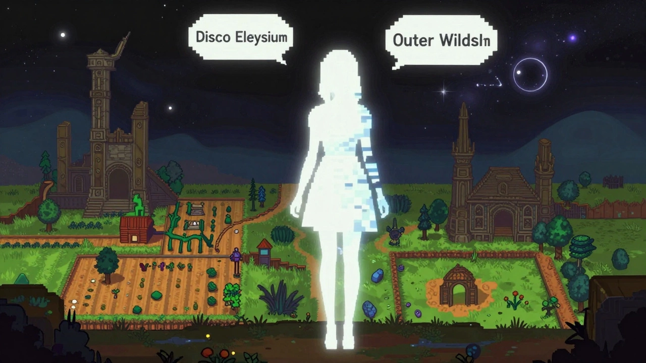 A silhouette immersed in a surreal fusion of video game worlds, glowing with pixelated light and floating dialogue.