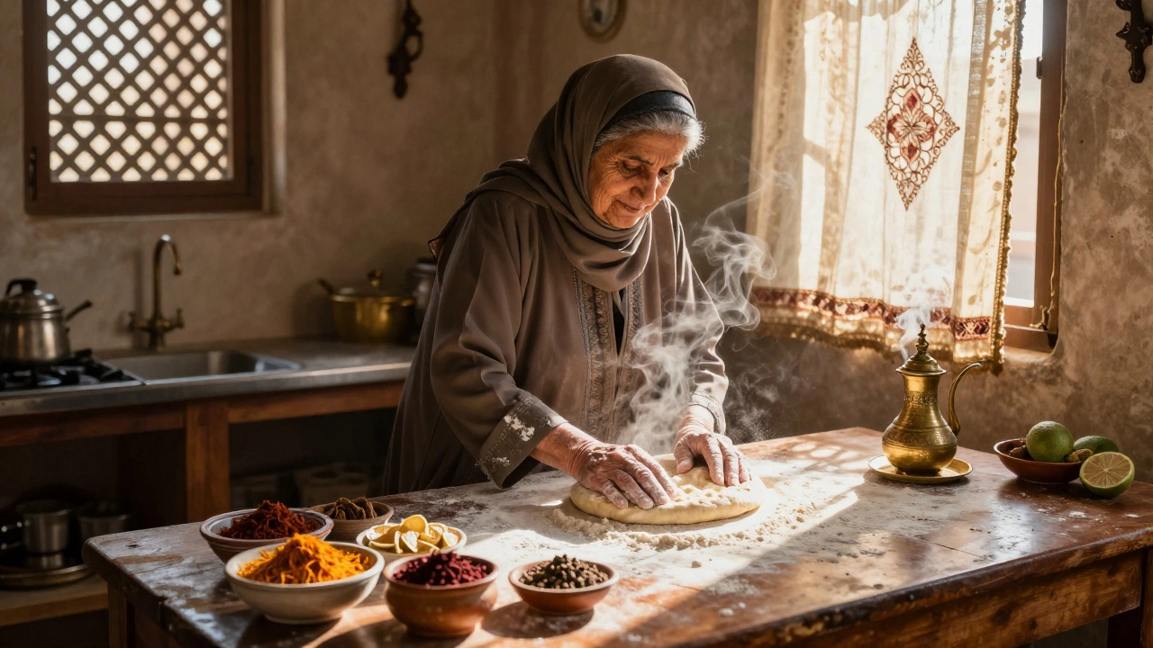 An elderly woman kneading traditional khubz bread in a sunlit Deira kitchen.