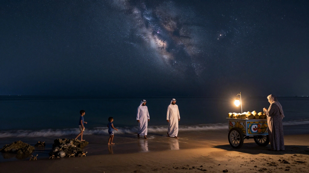 Emirati men wading in the sea at Jumeirah Beach under a star-filled night sky.